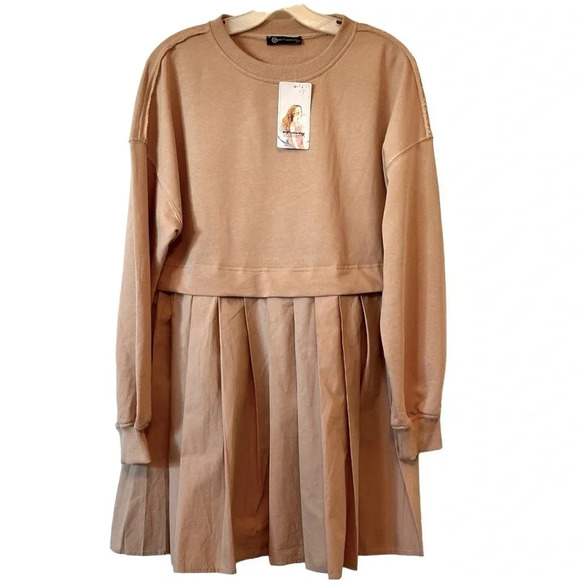 PRETTY GARDEN Women’s Long Sleeve Ok Pleated Patchwork  Pullover Mini Dress - Picture 1 of 9